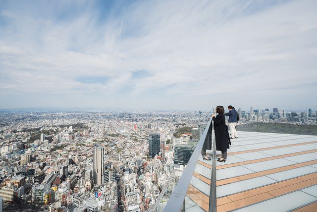 屋上で街を見渡す女性